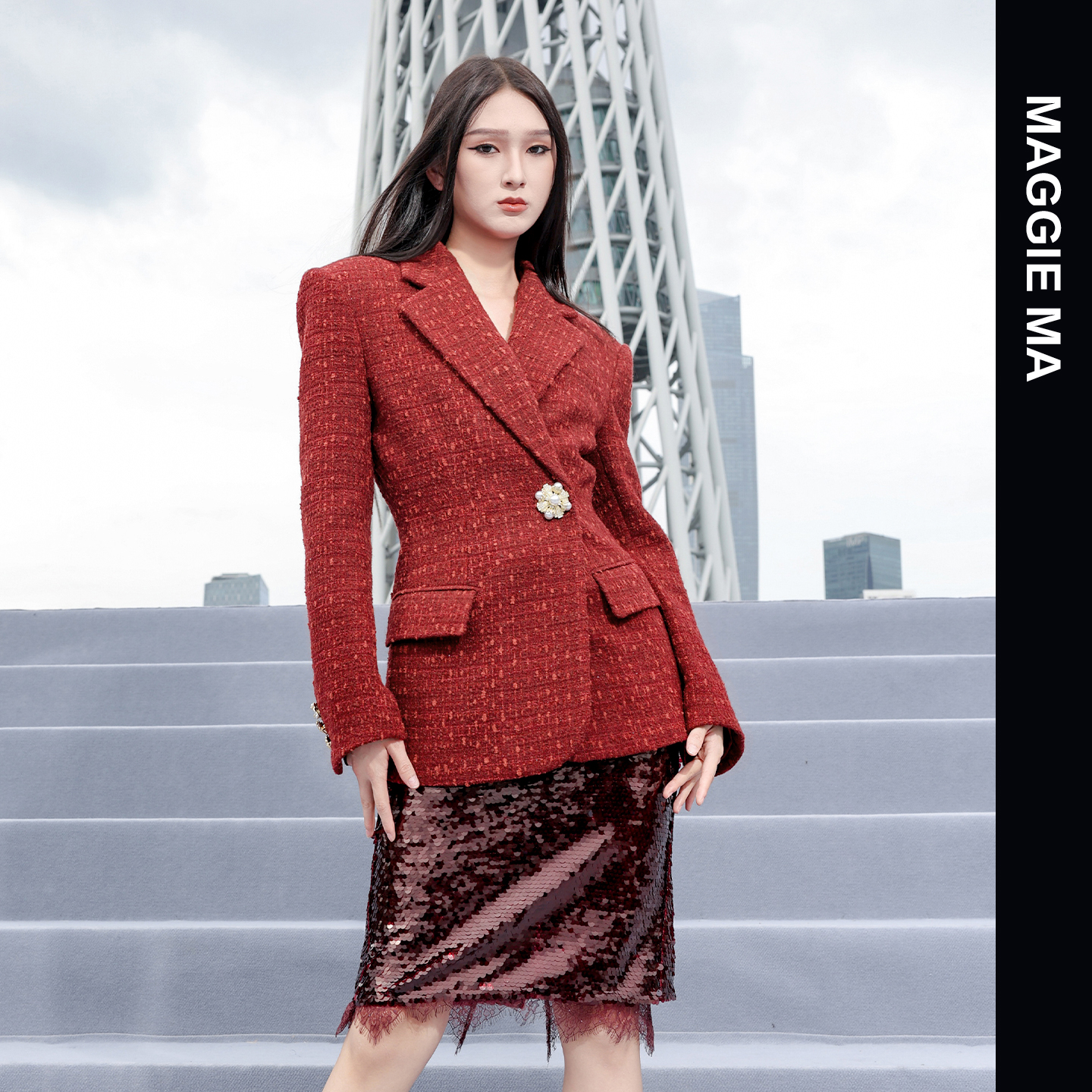 MAGGIE MA马婧「玫鳞蕾丝」设计师款酒红色渐变亮片蕾丝半裙682B