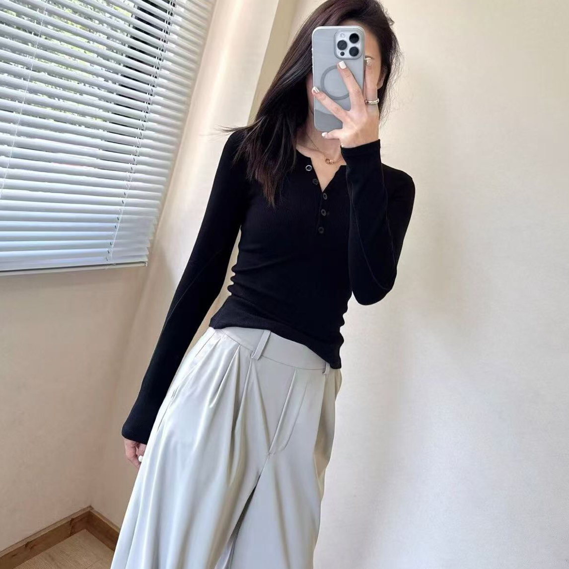 皇子精选｜新款女士半开领长袖T恤修身纯欲辣妹打底衫早秋内搭