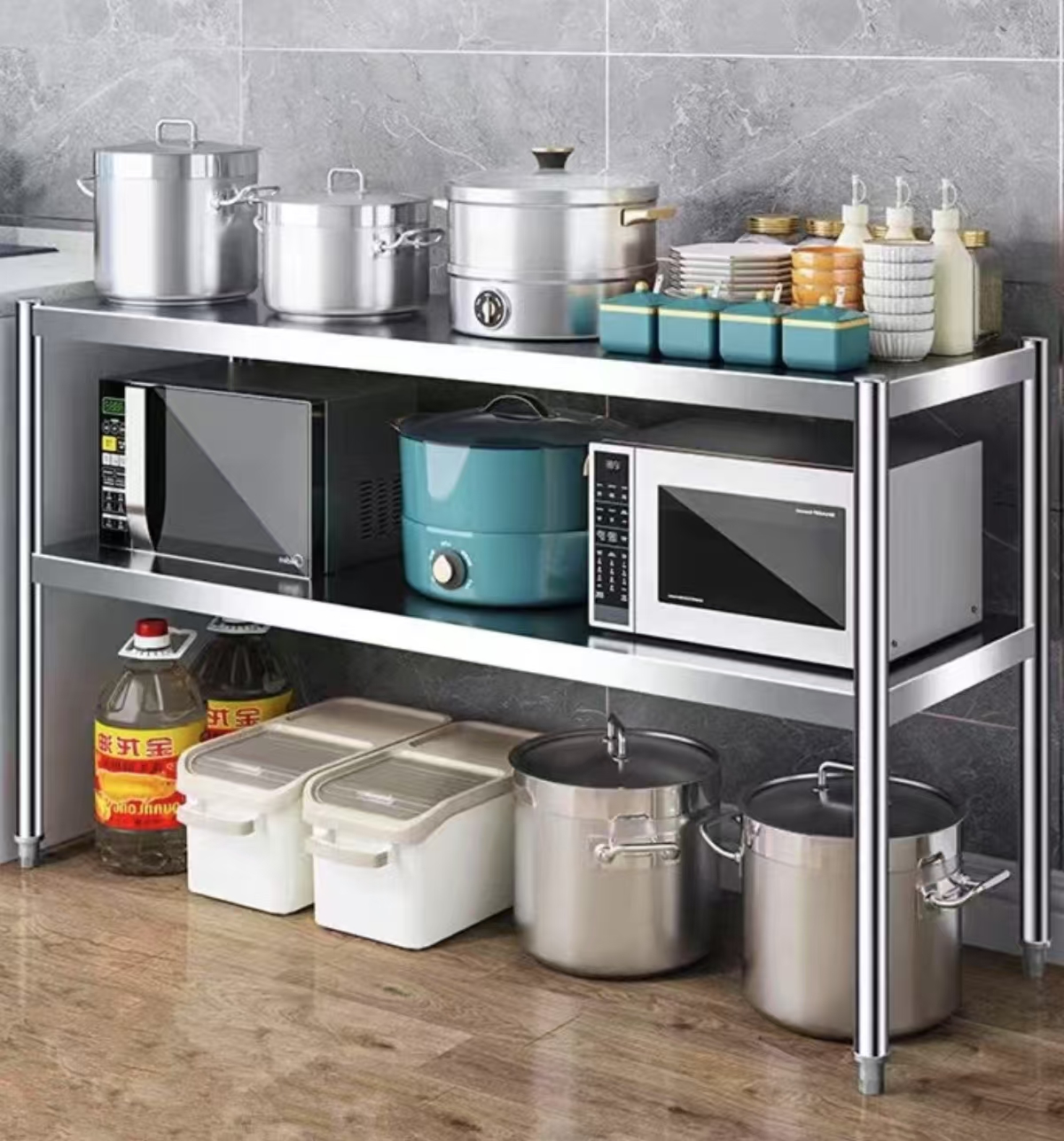 【2层活动】加厚不锈钢厨房置物架落地式微波炉烤箱收纳架家用货架