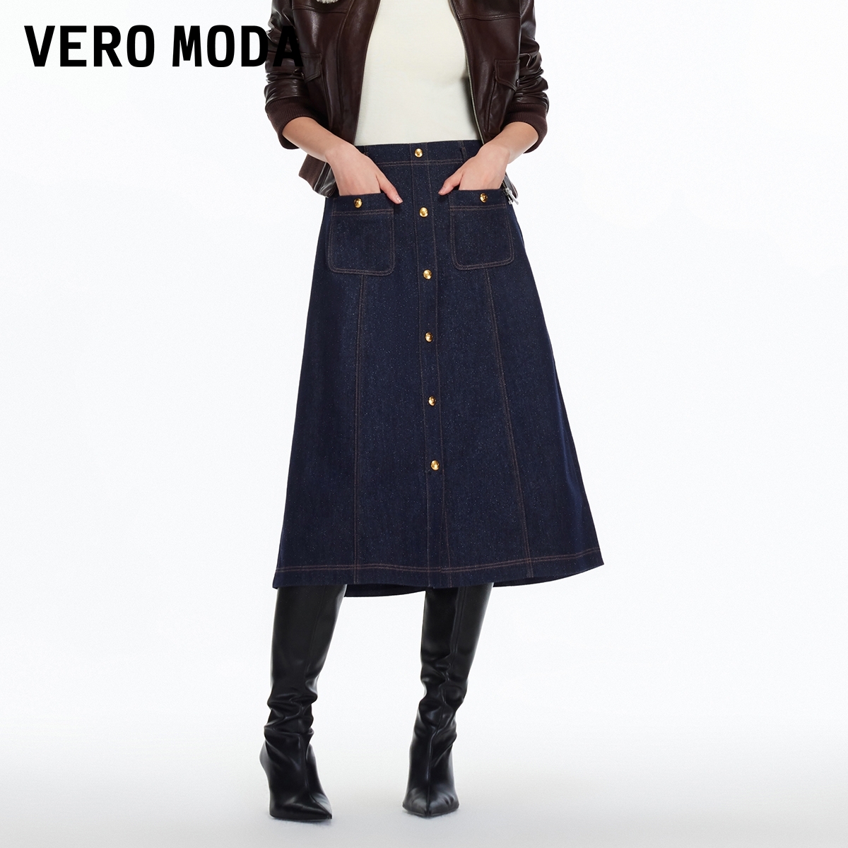 Vero Moda半身裙2025冬季新款含棉撞色高腰牛仔伞裙325437007