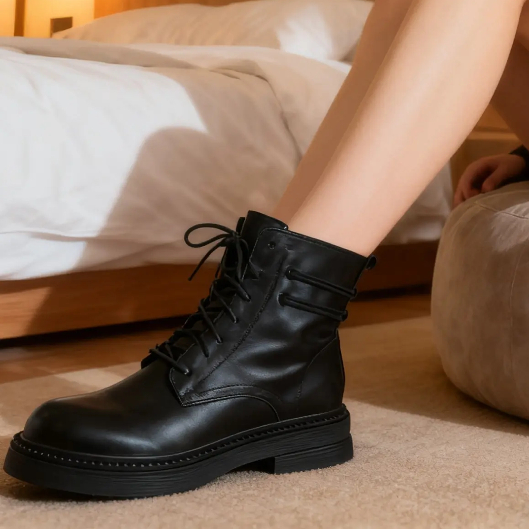 真皮马丁靴女秋冬新款英伦风厚底系带短靴百搭加绒黑色复古1588