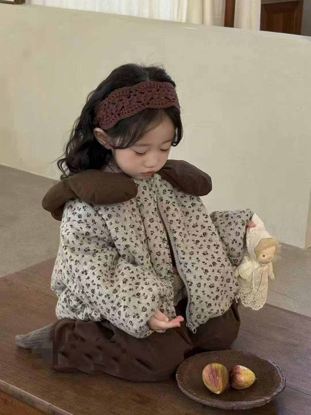 女童碎花棉袄夹棉外套25新秋冬款洋气儿童花瓣领碎花棉服宝宝棉衣