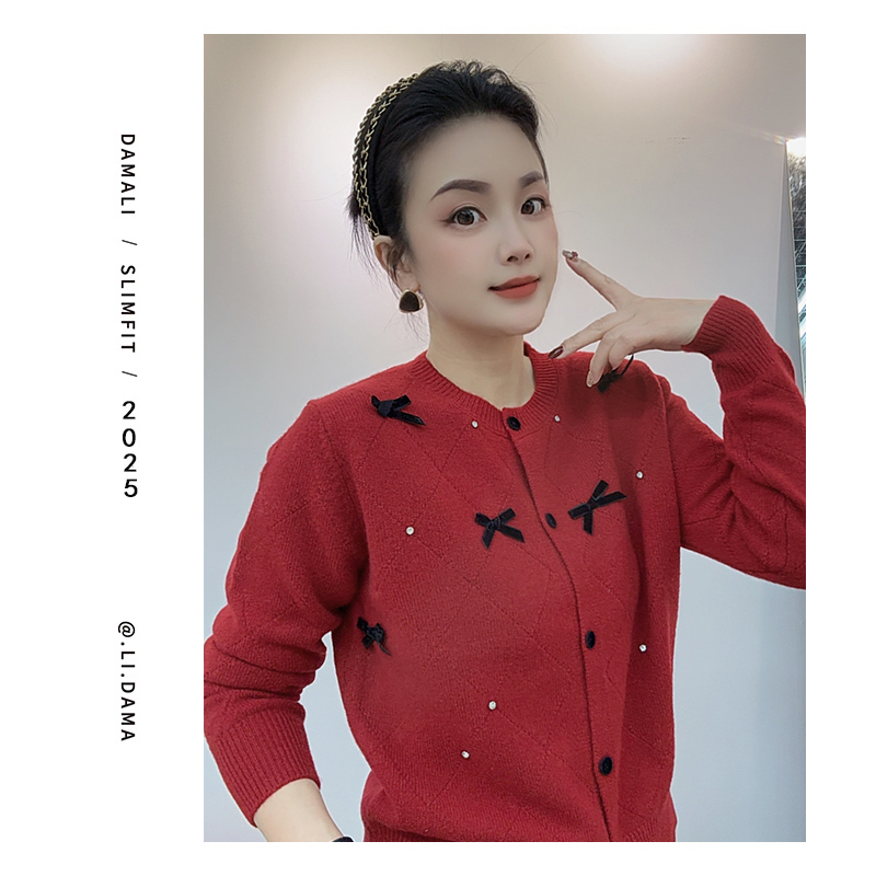 大码利-冬上新【黑色小蝴蝶结羊毛开衫】长袖上衣宽松半高领秋冬