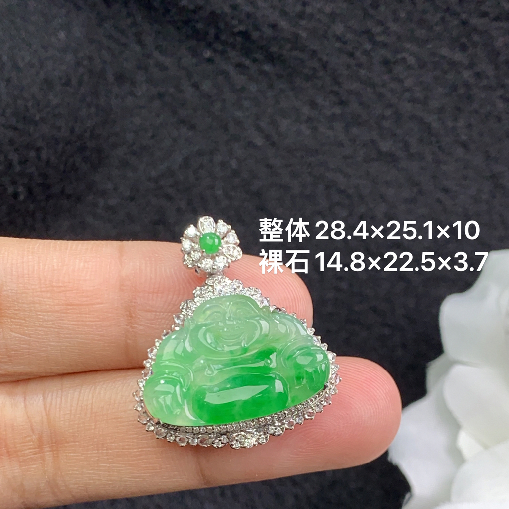 18k金镶嵌天然缅甸翡翠阳绿佛公吊坠28.4×25.1×10/14.8×22.5×3.7
