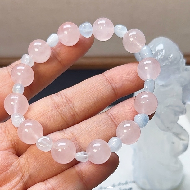 西柚粉晶随形海蓝宝[粉蓝泡泡]撞色手串天然水晶蓝天白云海蓝宝