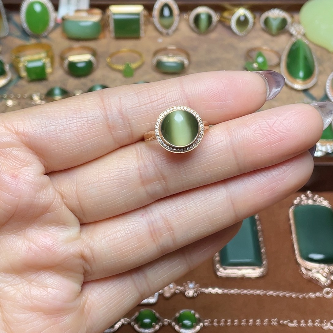 和田玉（碧玉）18K金镶嵌吊坠(不含链)戒指