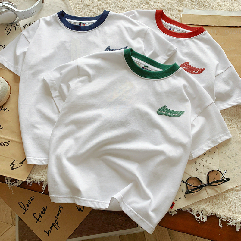 儿童圆领T恤夏季2025新款撞色边洋气时髦上衣男孩宽松休闲短袖