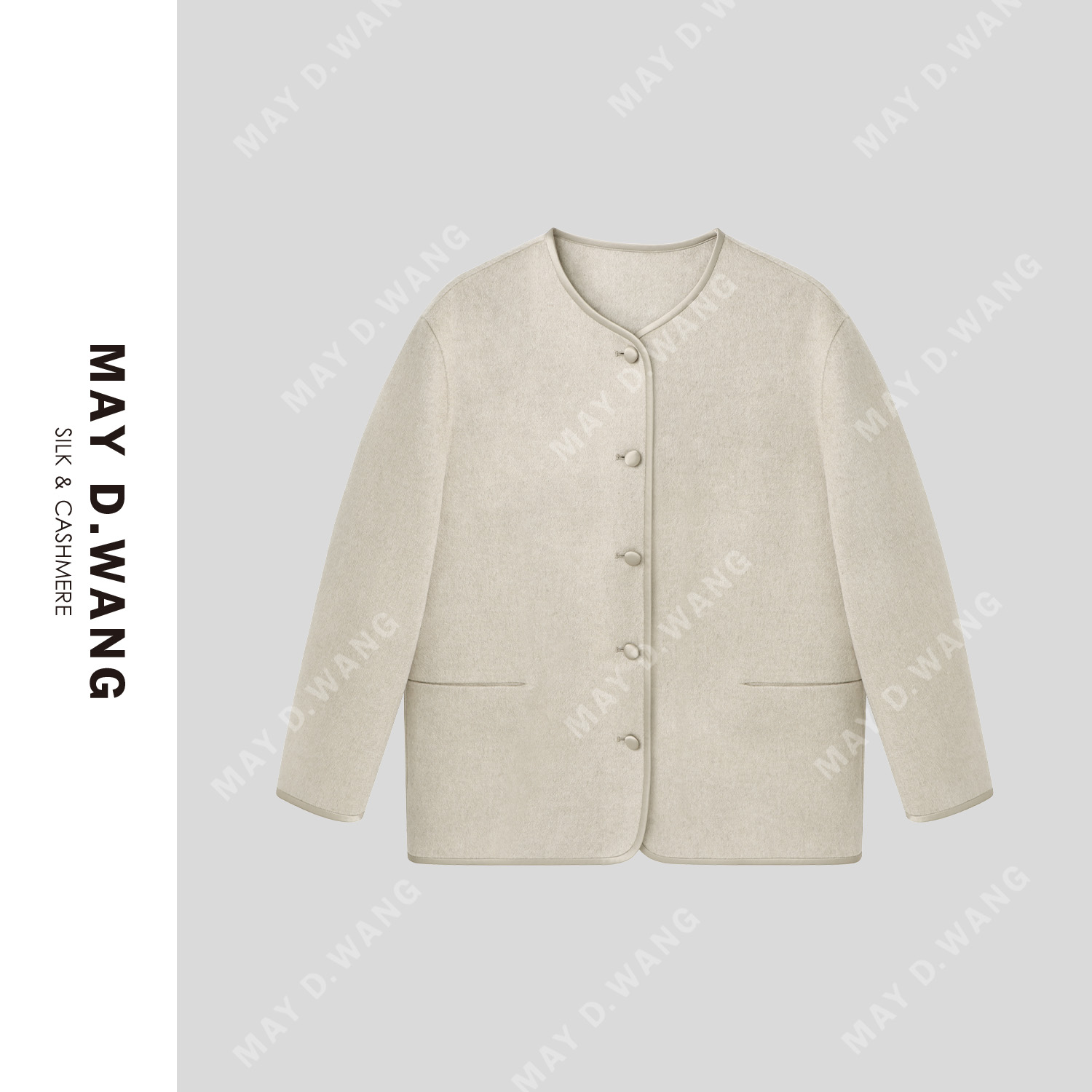 王之造【老徐专属】简约小香风手缝羊绒单面圆领中长大衣 F2F1067