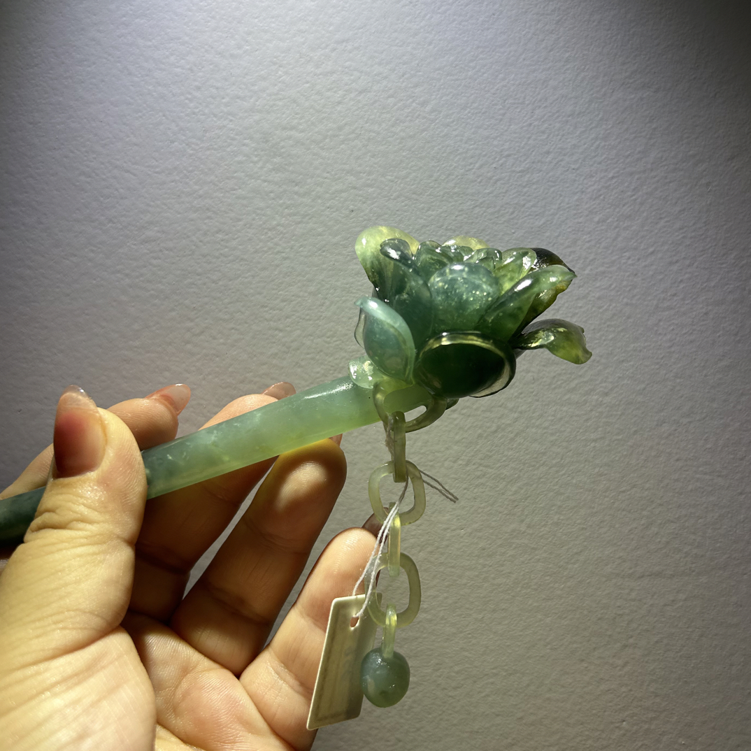 天然岫玉发簪 蓝水 玫瑰花玉簪
