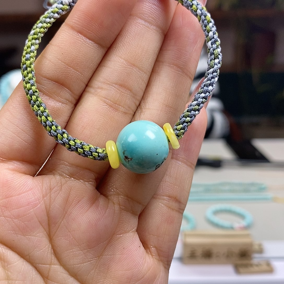 绿松石A1玉米结手绳银S925镀金镶嵌