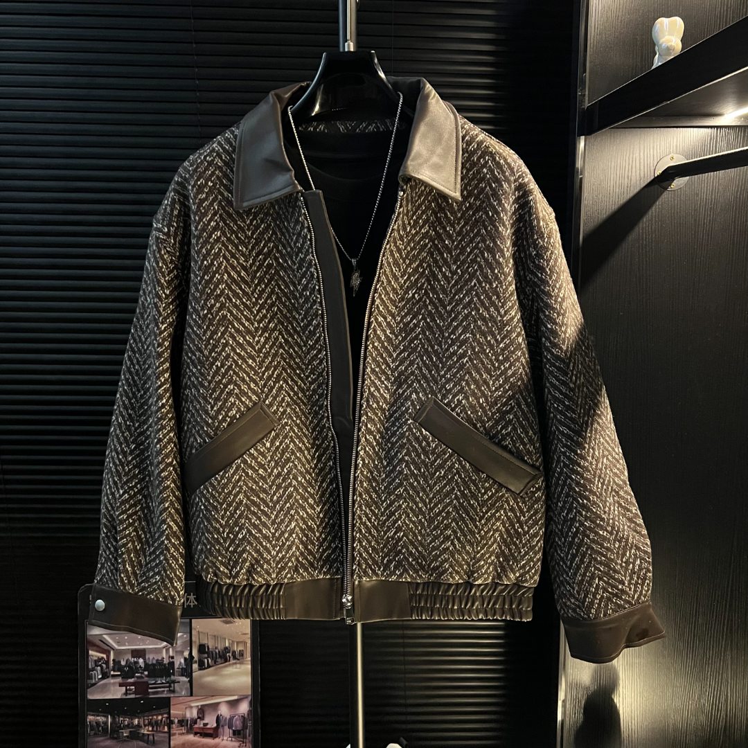 dan-秋冬新款潮流拼皮毛呢夹克 男冬季宽松加厚保暖人字呢子外套