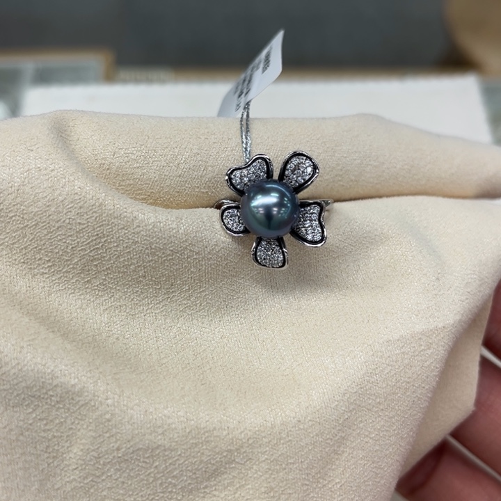 银S925镶嵌戒指海水珍珠孔雀蓝9-10m 46号