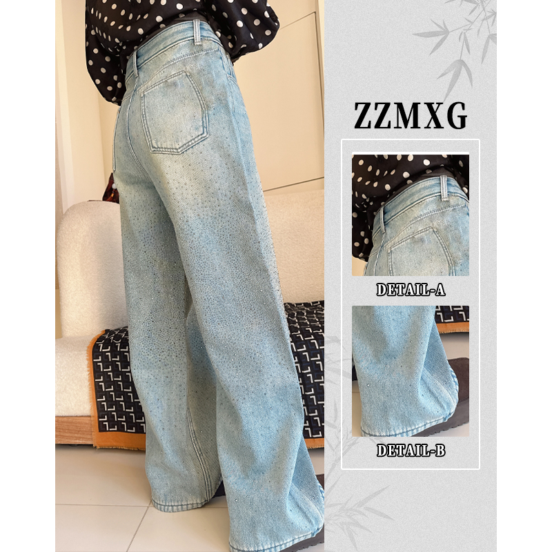 【珍珍美学馆】【满天星】烫钻加绒无弹高腰牛仔裤阔腿裤13900