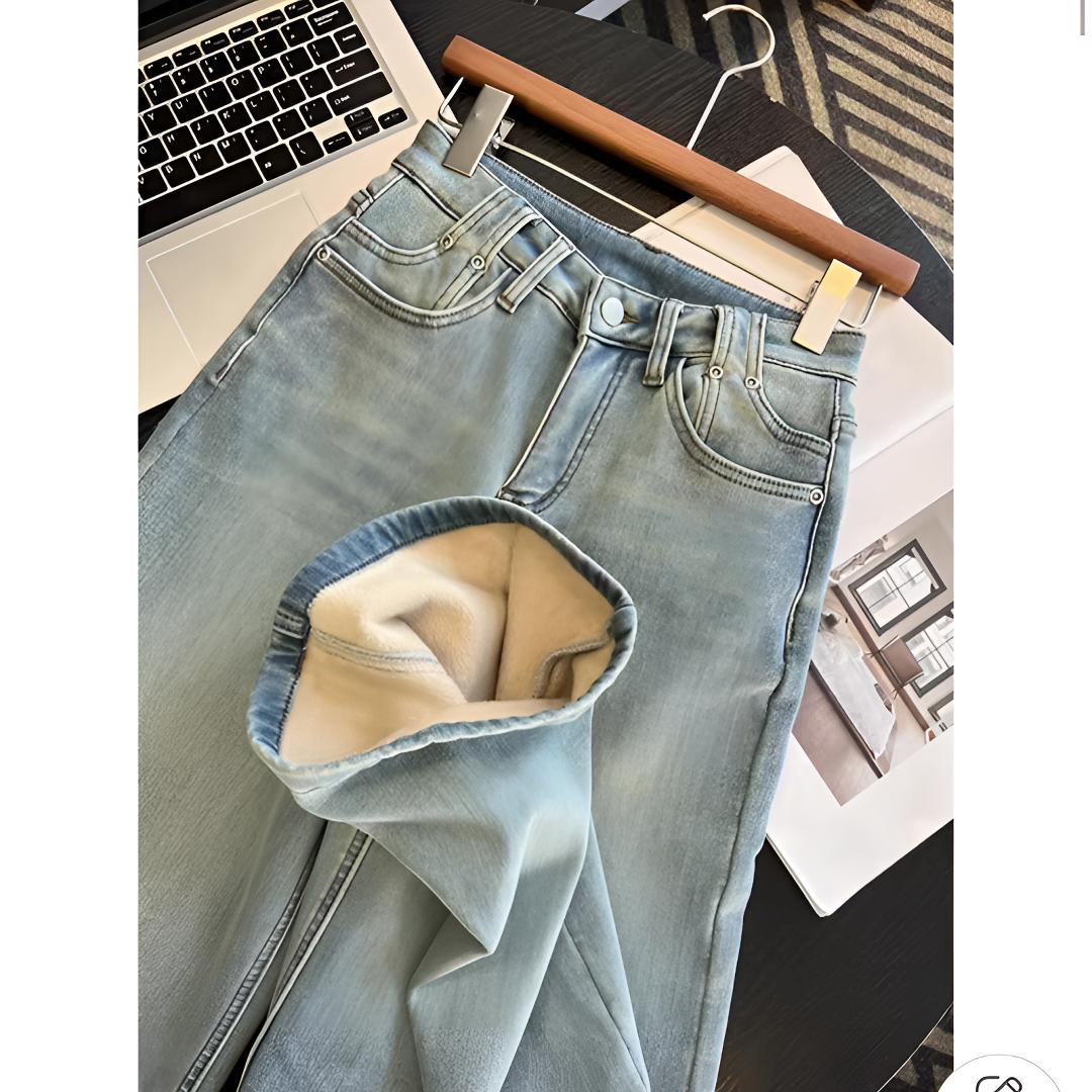 大码显瘦直筒牛仔裤秋冬浅色加绒大码牛仔裤胖mm高腰宽松阔腿直筒