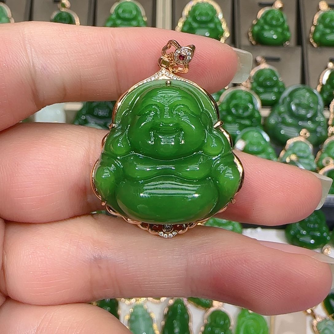 和田玉（碧玉）吊坠(不含链)18K金镶嵌