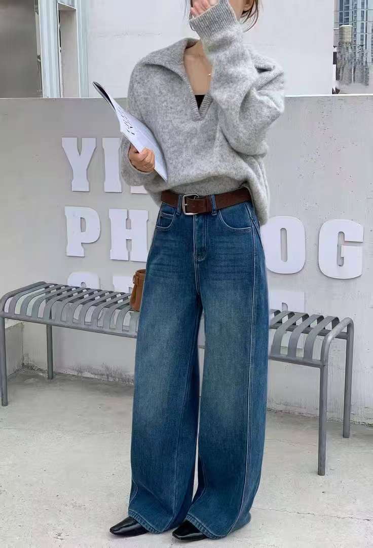 冬季加绒加厚款阔腿直筒牛仔裤韩版水洗裤子宽松25230