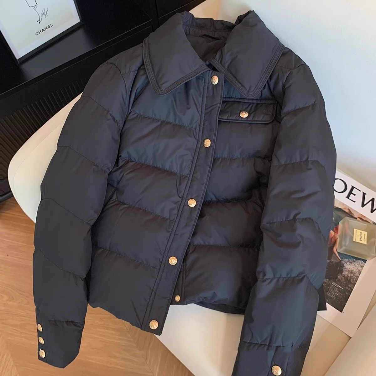 韩系小香风黑色翻领夹棉外套加厚女冬季新品时尚百搭宽松显瘦棉服