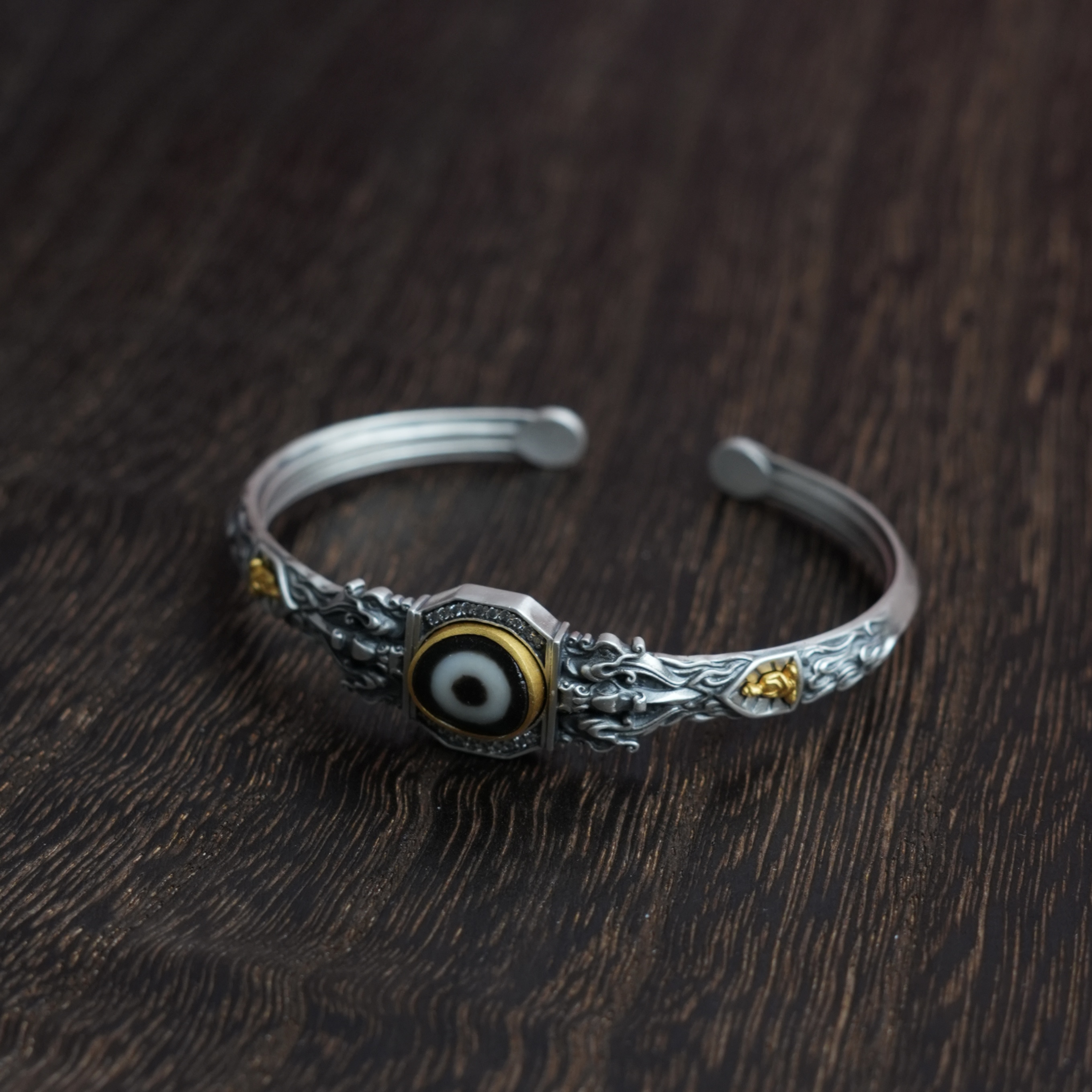 【明珠璀璨】 聚缘高品古法一眼重工银镶手镯活口可调节