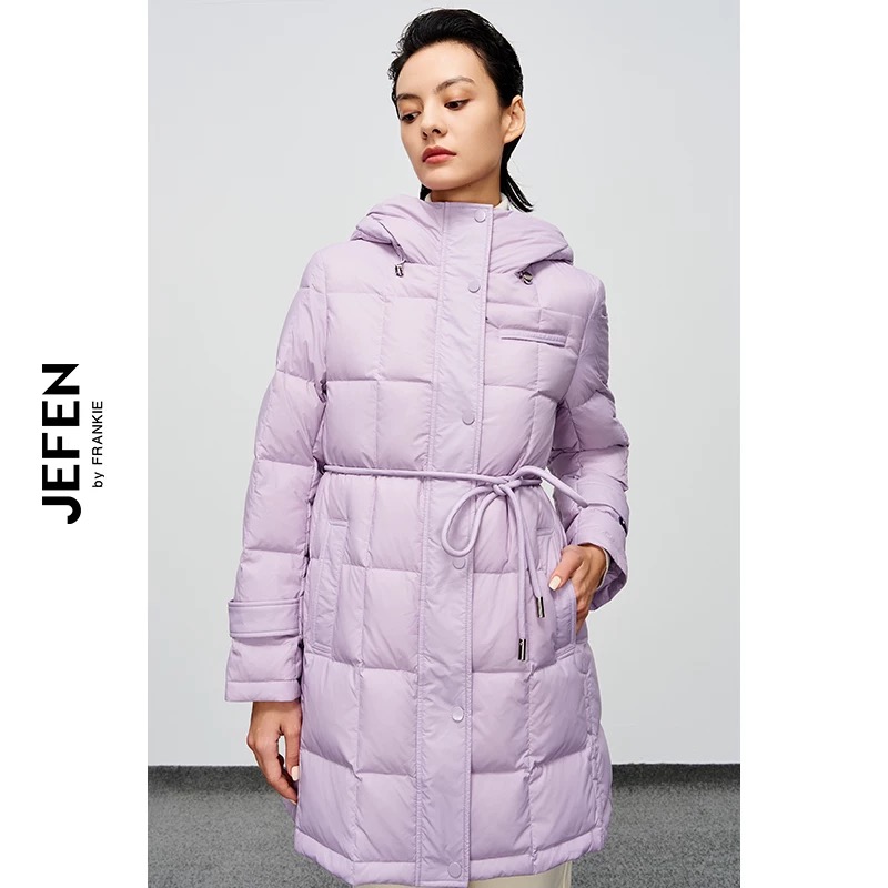 吉芬-冬季中长连帽宽松可收腰双向拉链鹅绒羽绒服126201