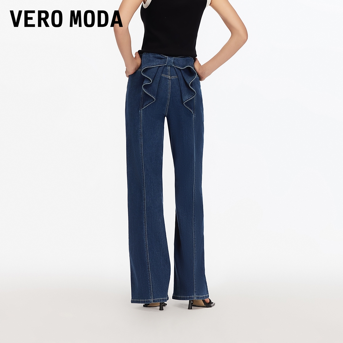 Vero Moda牛仔裤【蝴蝶来信】含棉后身蝴蝶结高腰直筒裤326132032