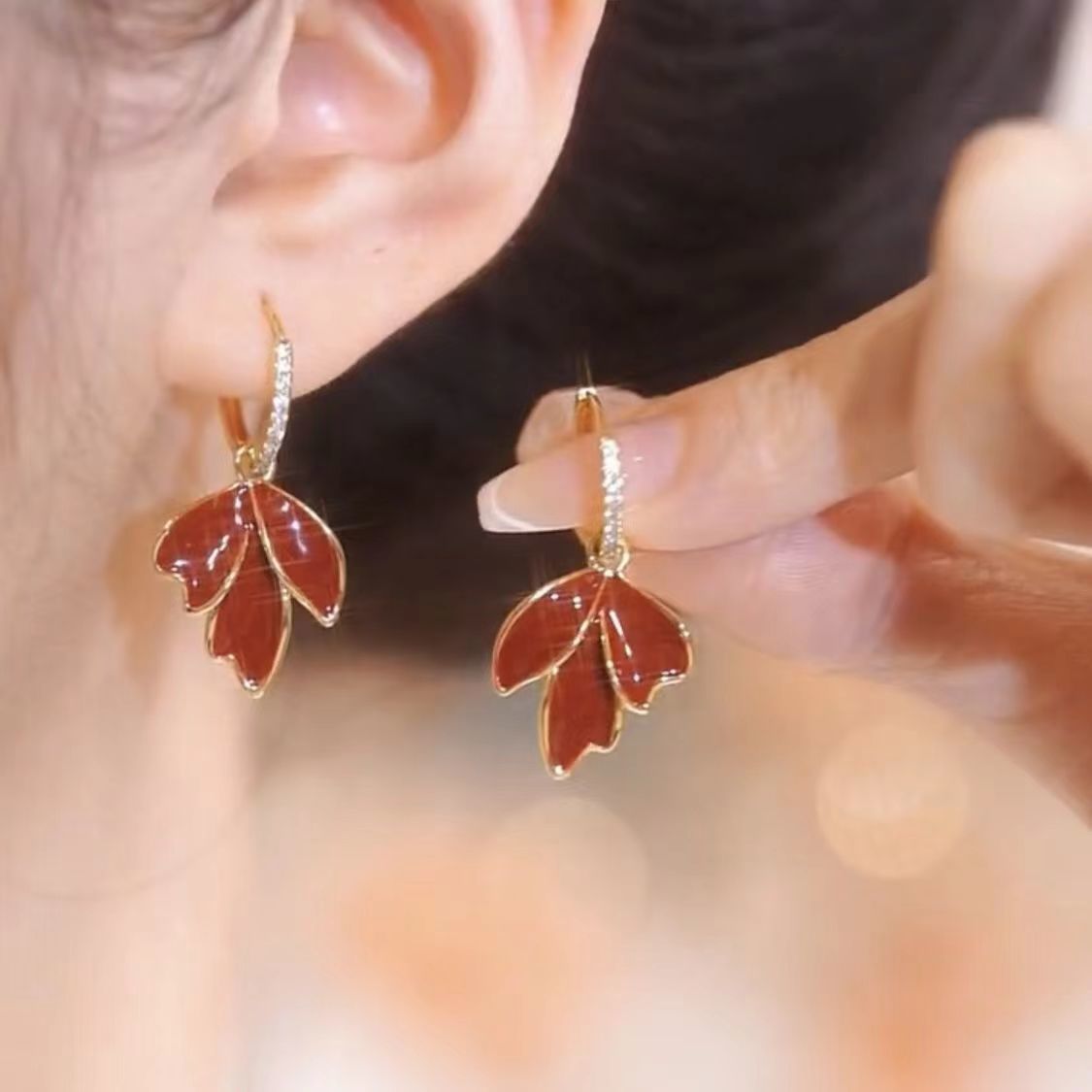 合金耳饰 红色叶子耳扣两戴款耳圈高级感小众耳环女