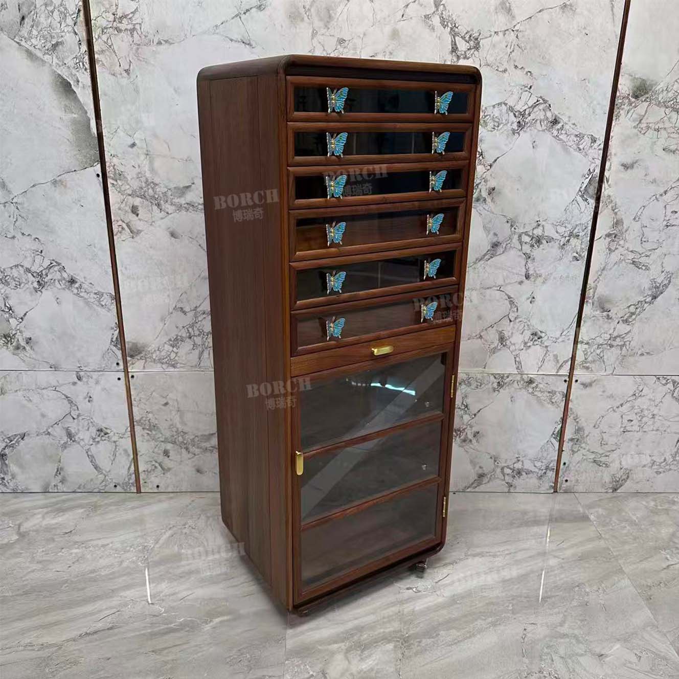 BORCH/博瑞奇北美黑胡牙科柜桃黄铜蝴蝶落地高款置物柜09855