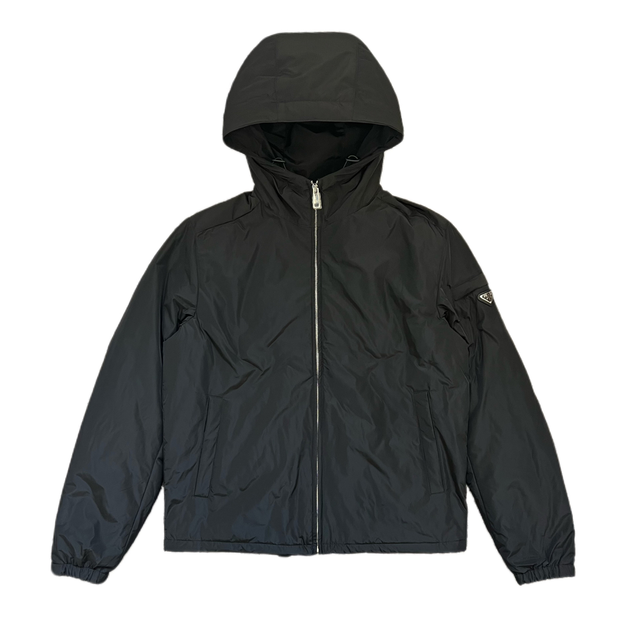 99新 Prada/普拉达 黑色尼龙手臂钢标连帽棉服外套46码