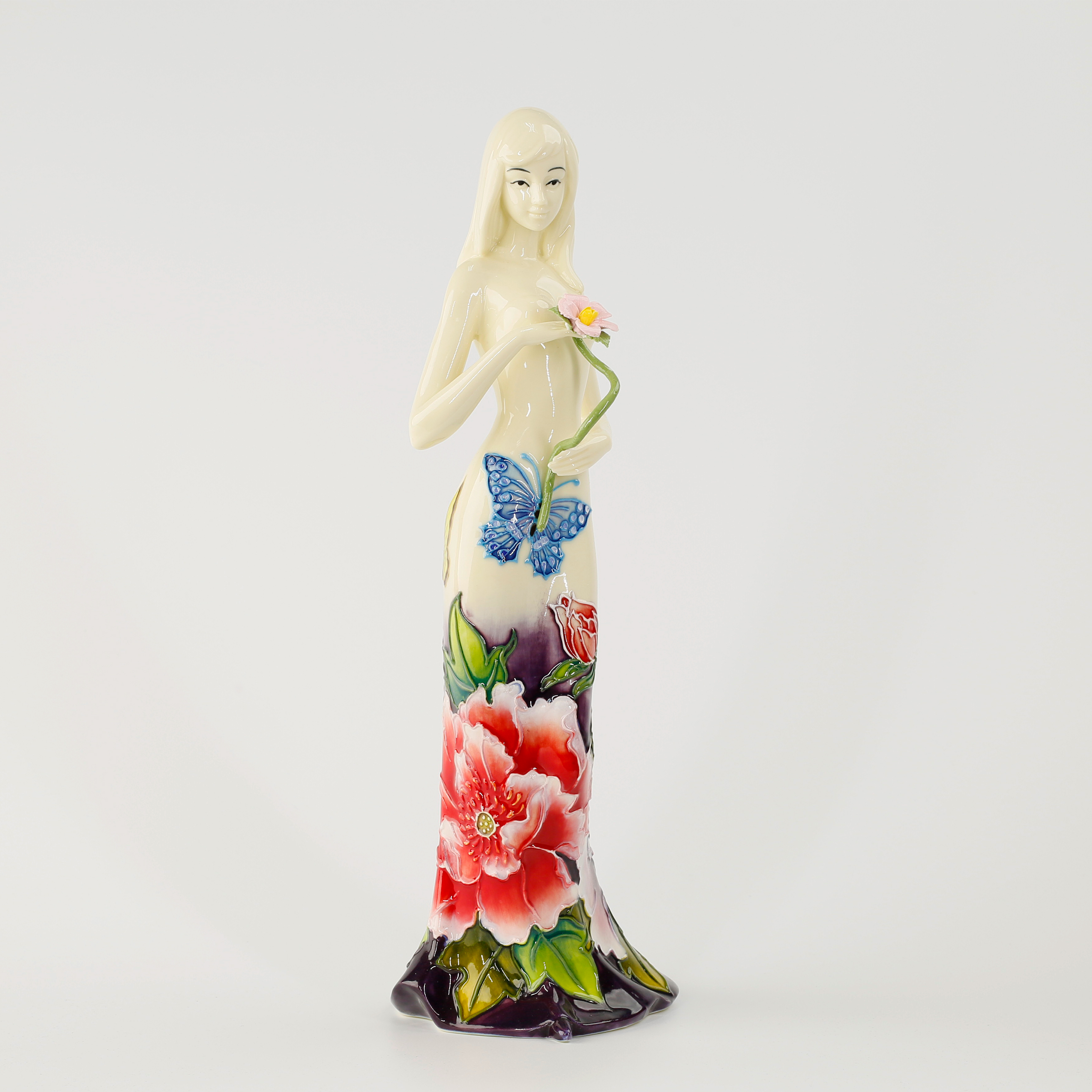 尊匠雅致《珐琅赏花美女》瓷偶手工陶瓷摆大红大紫花开富贵摆件