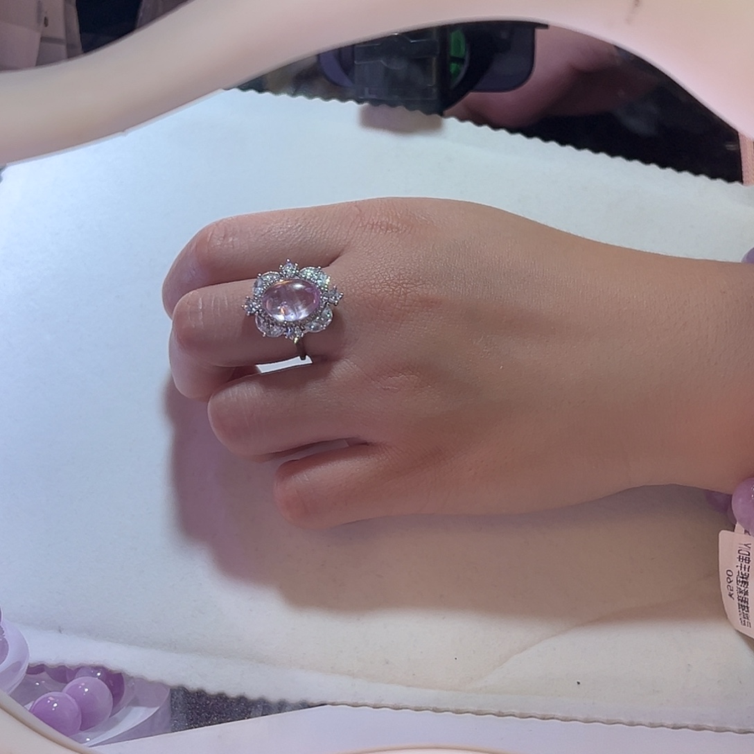 锂辉石戒指银S925镶嵌拉丝猫眼紫锂辉收藏级别戒指