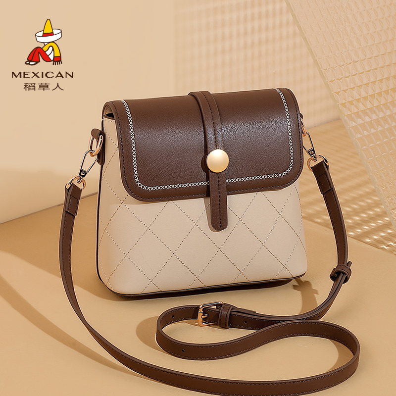 稻草人包包女25秋新品【流光风】真皮斜挎包菱格撞色水桶包通勤女包