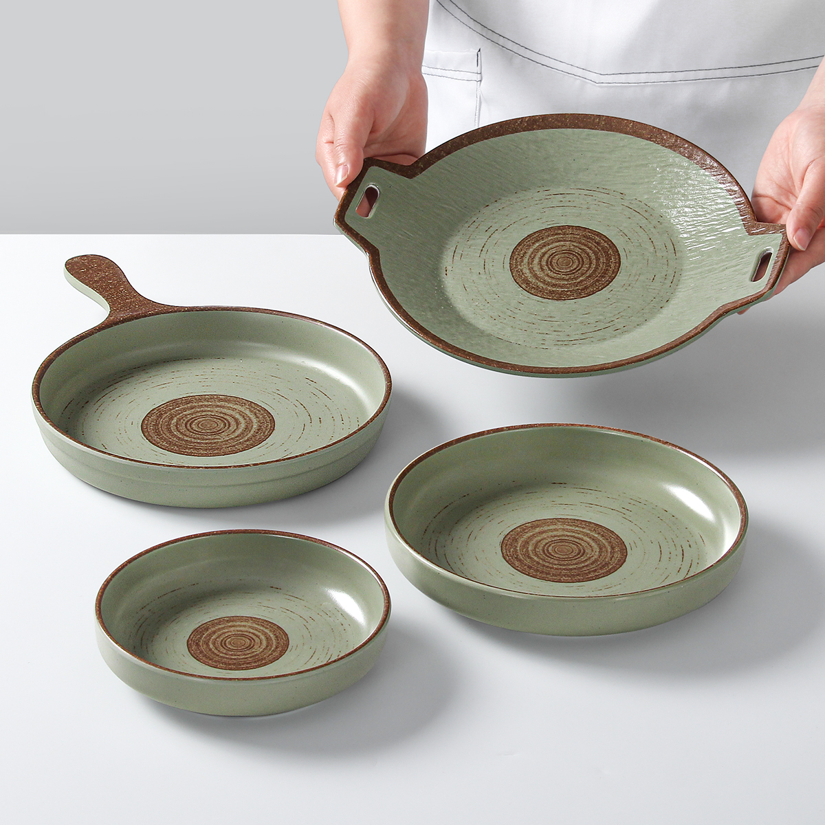 美密胺餐具盘子商用创意配菜摆盘仿瓷塑料炒饭餐盘带把手柄盘