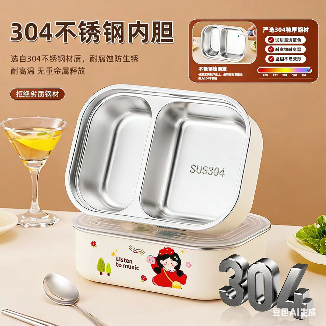 食品级304不锈钢饭盒新款高颜值分格餐盒学生上班族便当盒