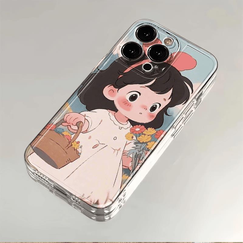 采花女孩插画iphone15苹果卡通手机壳14promax软胶13pro透明12/11