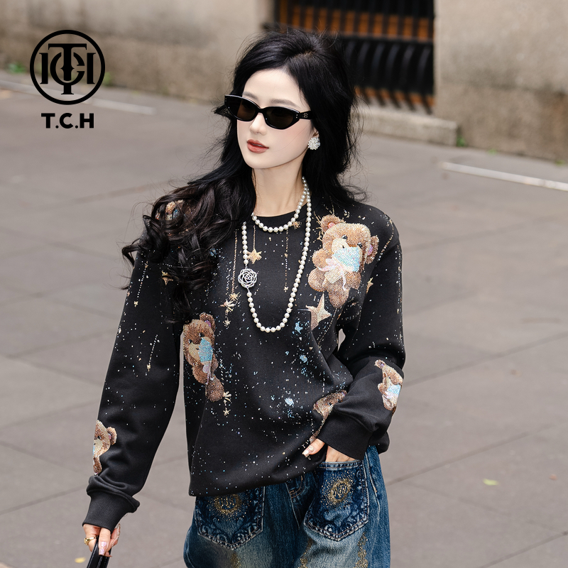 TCH轻奢潮牌重工烫钻时尚宽松百搭圆领卫衣男女同款T75C11E9006