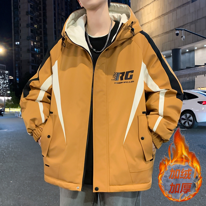 加绒加厚夹克外套男士冬款美式潮牌宽松新款休闲保暖连帽工装上衣