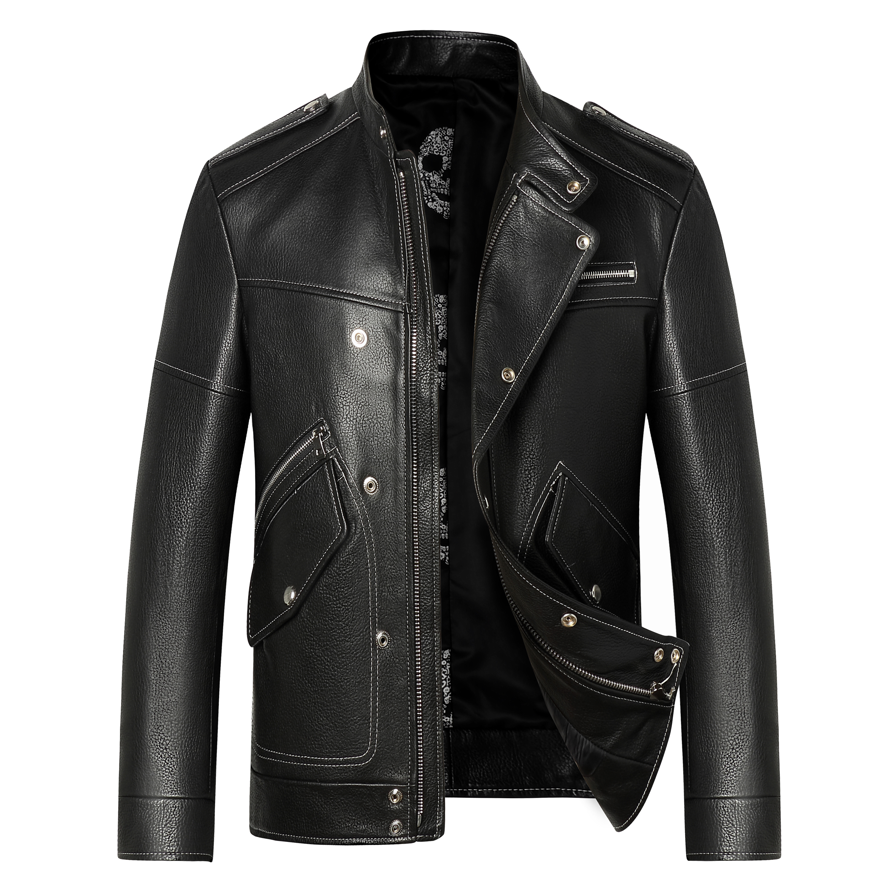 海宁新款男士皮衣潮流绵羊皮立领机车款时尚休闲简约外套P2176