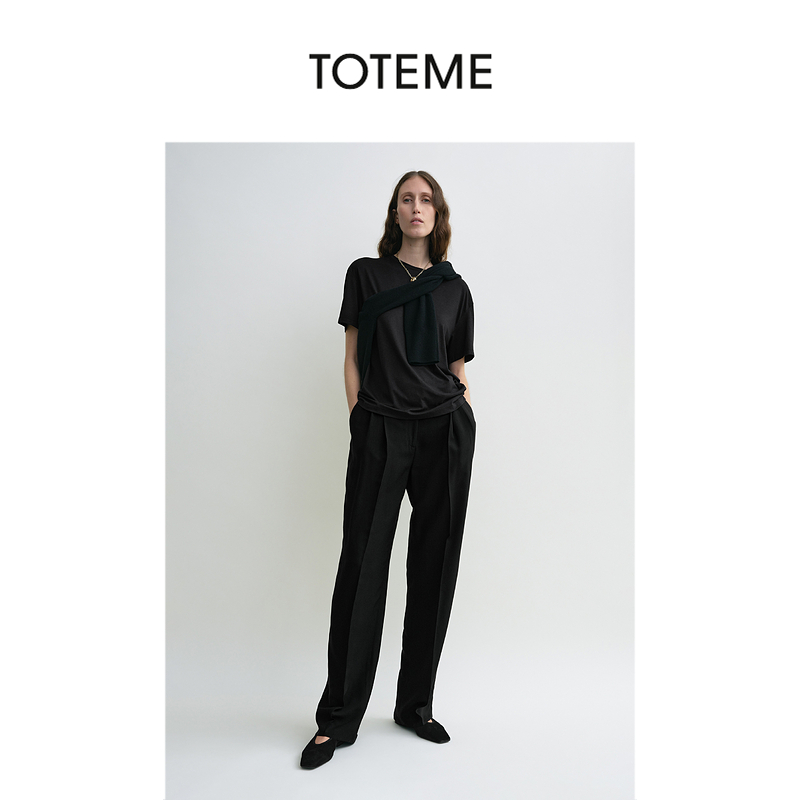 TOTEME女装黑色轻盈双褶廓形直筒西装长裤