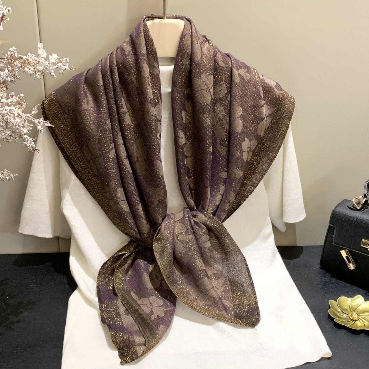 【金丝四叶草-紫色】 高档提花100x100CM左右金丝线方巾百搭围巾披