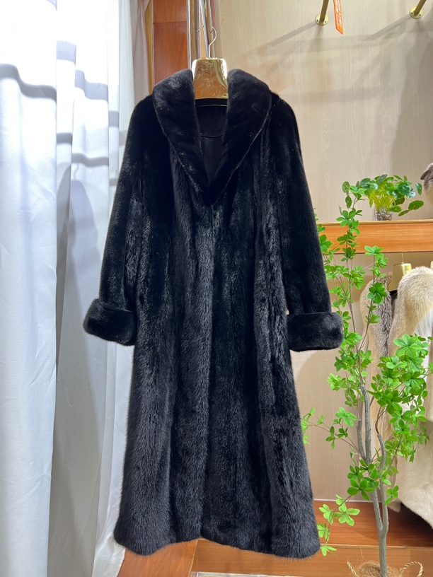 120cm长青果领黑色进口丹麦整貂貂皮大衣女皮草外套裘皮水貂毛
