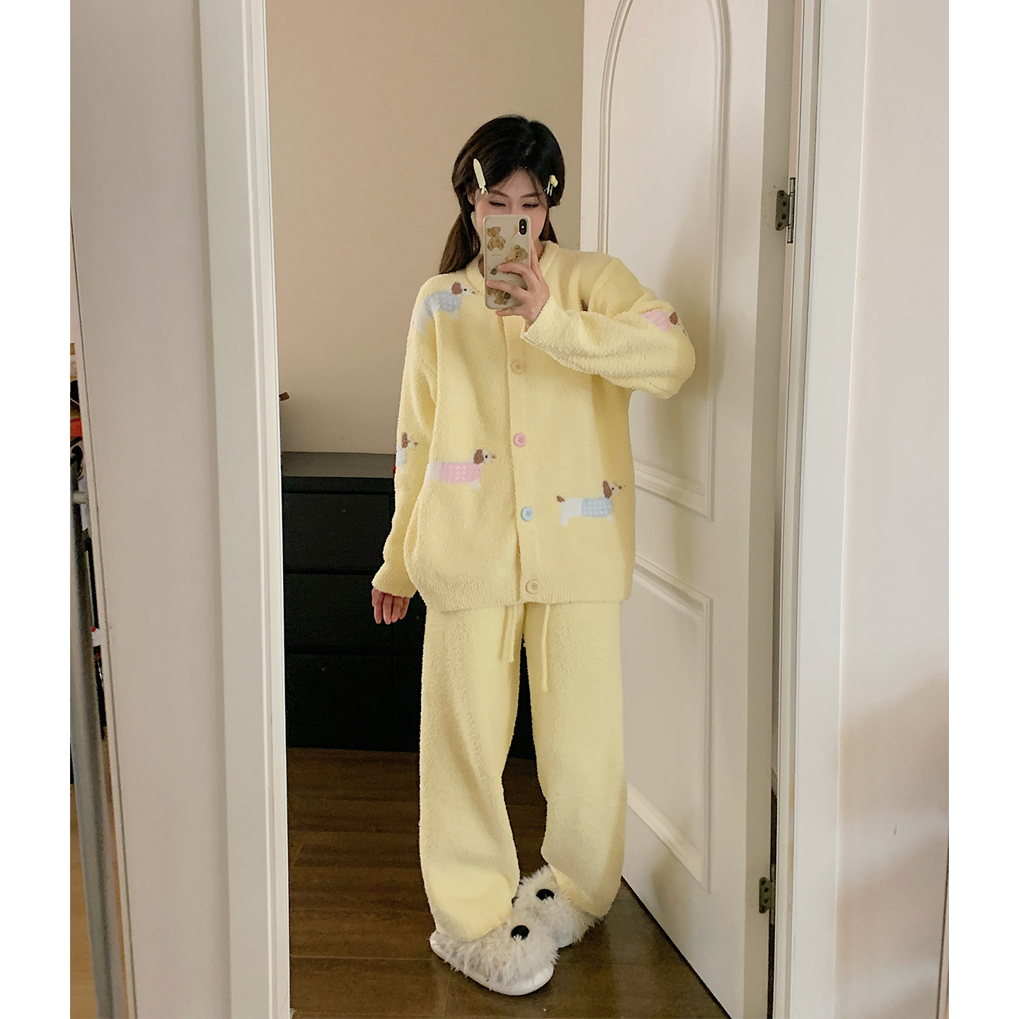 超柔软半边绒睡衣女冬季保暖加厚奶黄色腊肠狗可外穿家居服套装