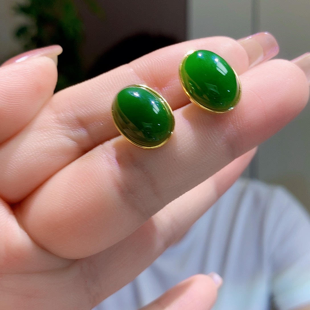 和田玉（碧玉）银S925镀金镶嵌耳饰