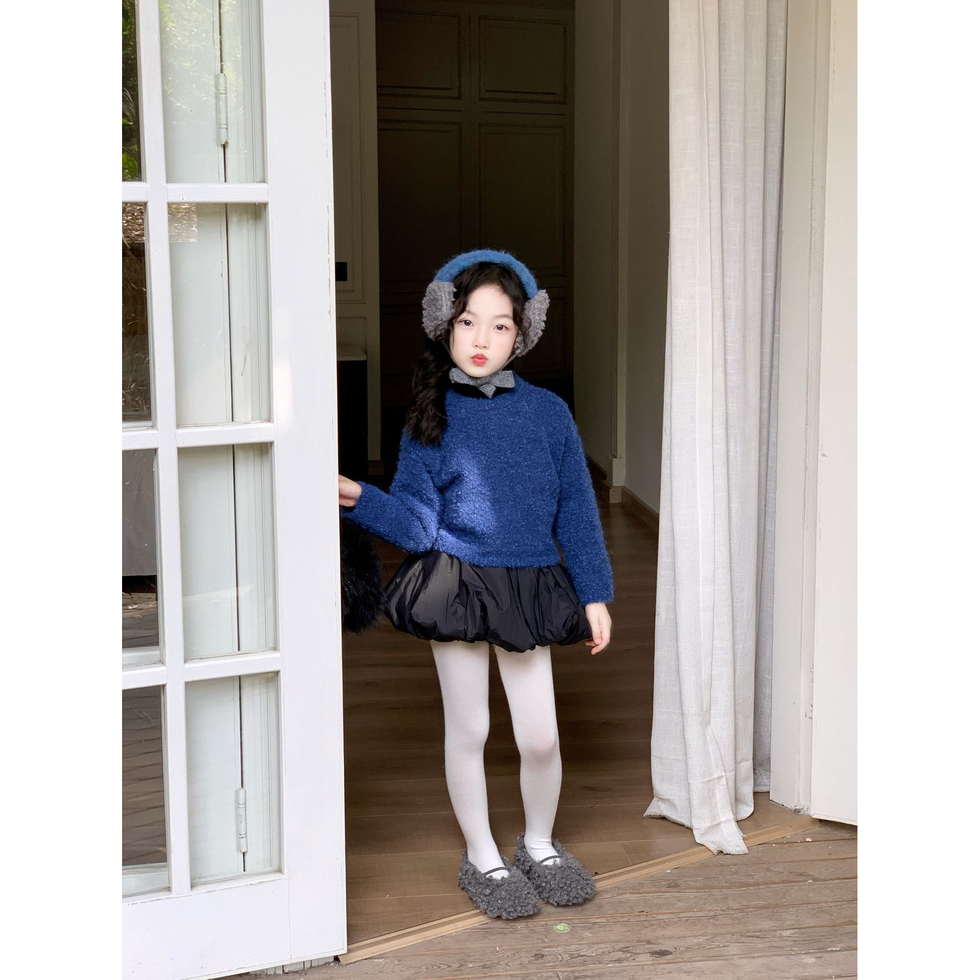 小粉象 ·女童2025冬新款韩版宽松针织毛衣内搭T洋气花苞裙套装