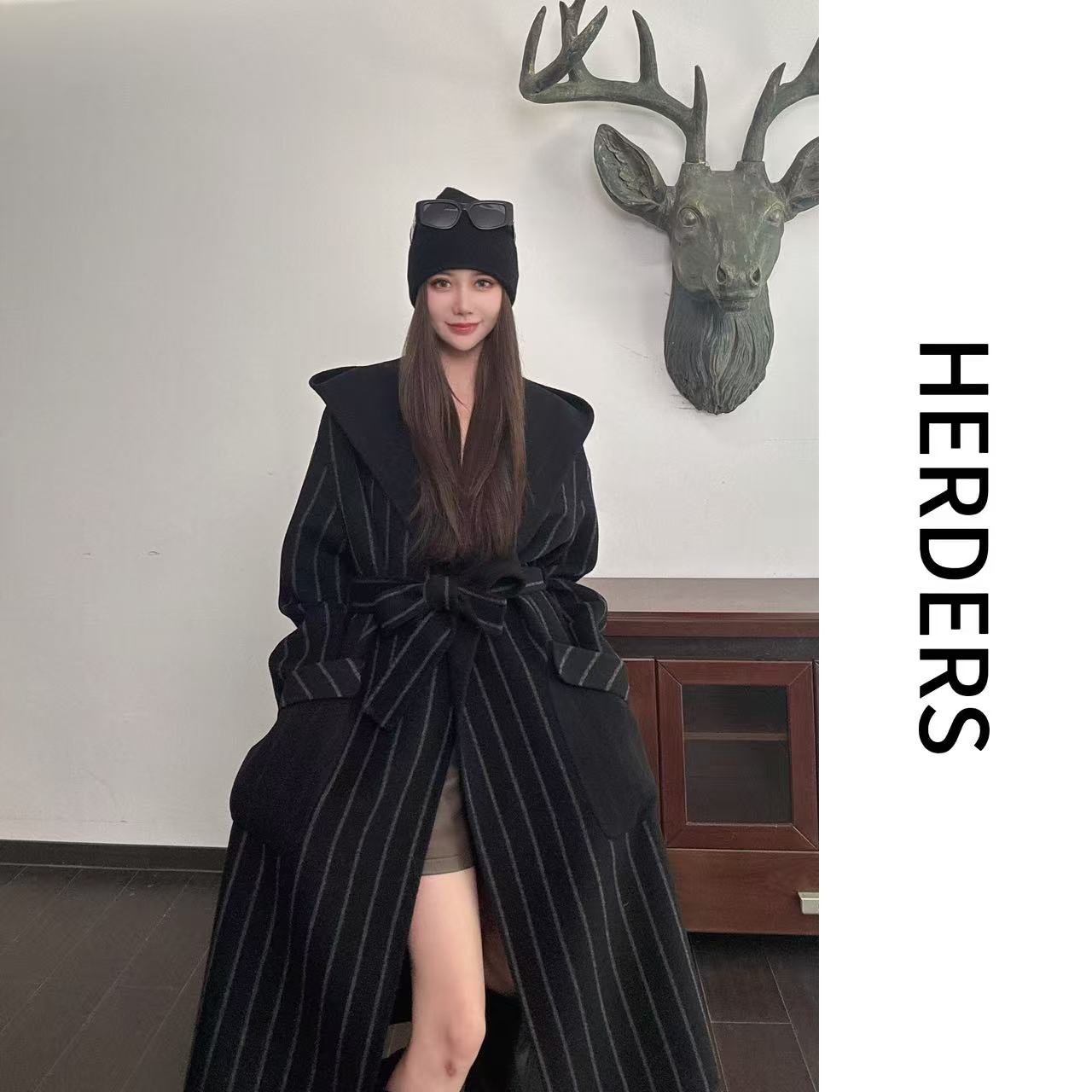 HERDERS  长款翻领系带款双面呢大衣 255808