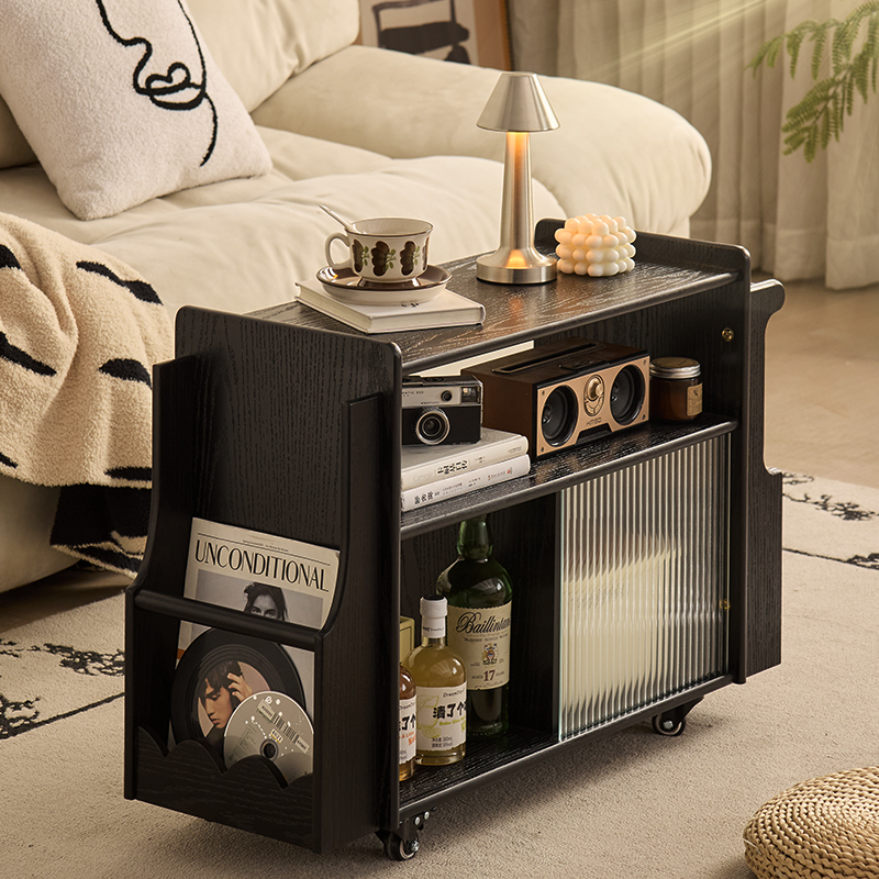实木边几小茶几可移动客厅沙发侧边柜家用黑色小推车储物柜置物架