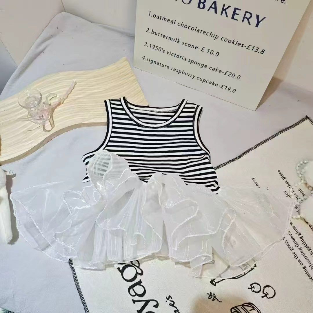 【新疆包邮】夏季新款条纹网纱边短袖E108