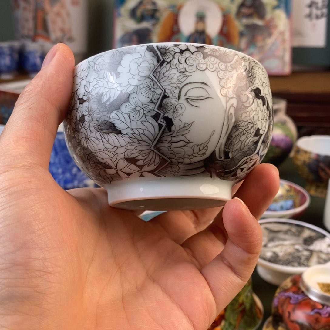 手工手绘墨彩佛头主人杯