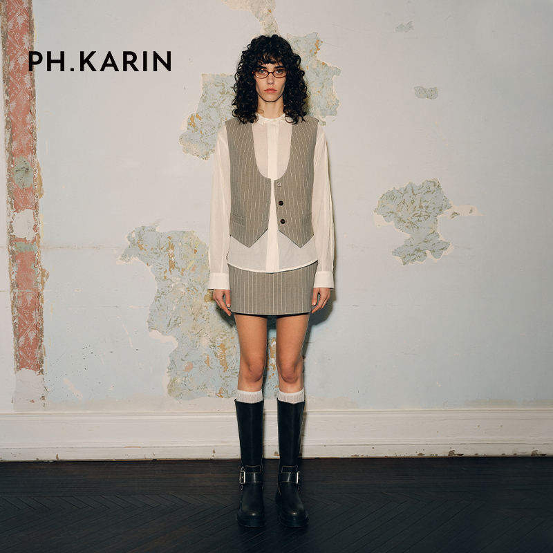 PH KARIN法式复古设计感拼接半身裙高腰遮胯显瘦洋气裙子a字短裙