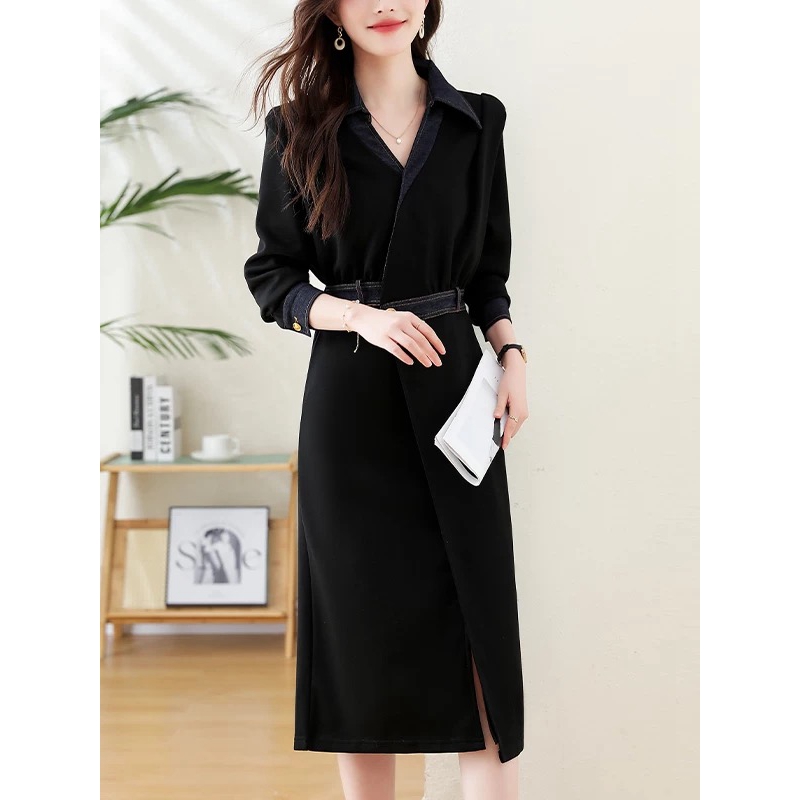 8894法式赫本风黑色长袖连衣裙女收腰显瘦轻熟裙子