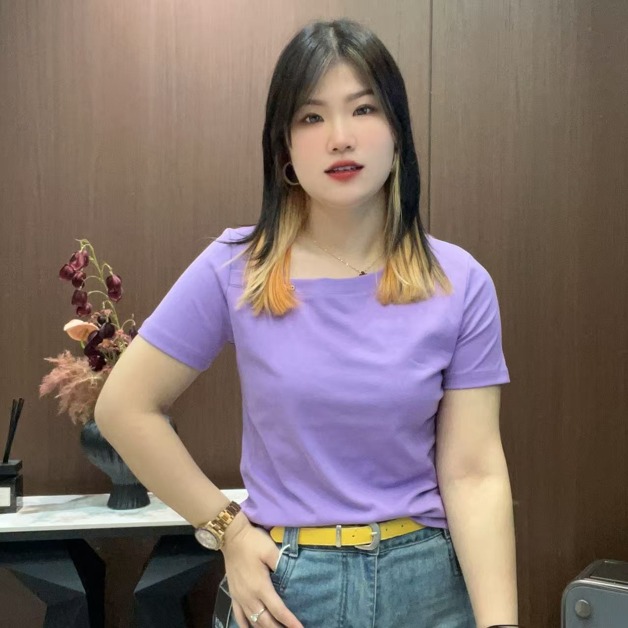 小鑫肝@现货浮力斜领插肩袖装饰简宁修身百搭T恤 2039