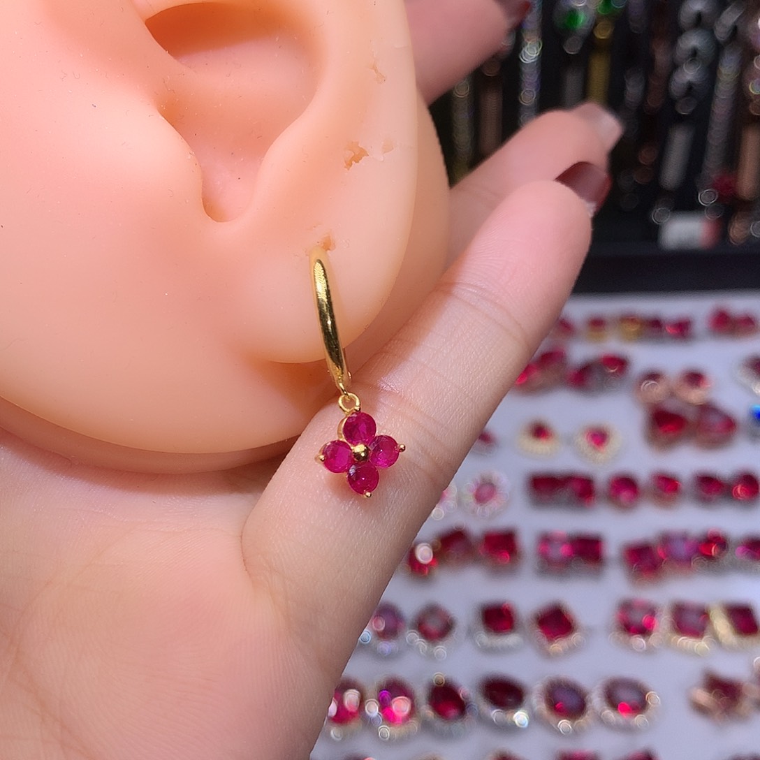 红宝石耳饰银S925镶嵌金